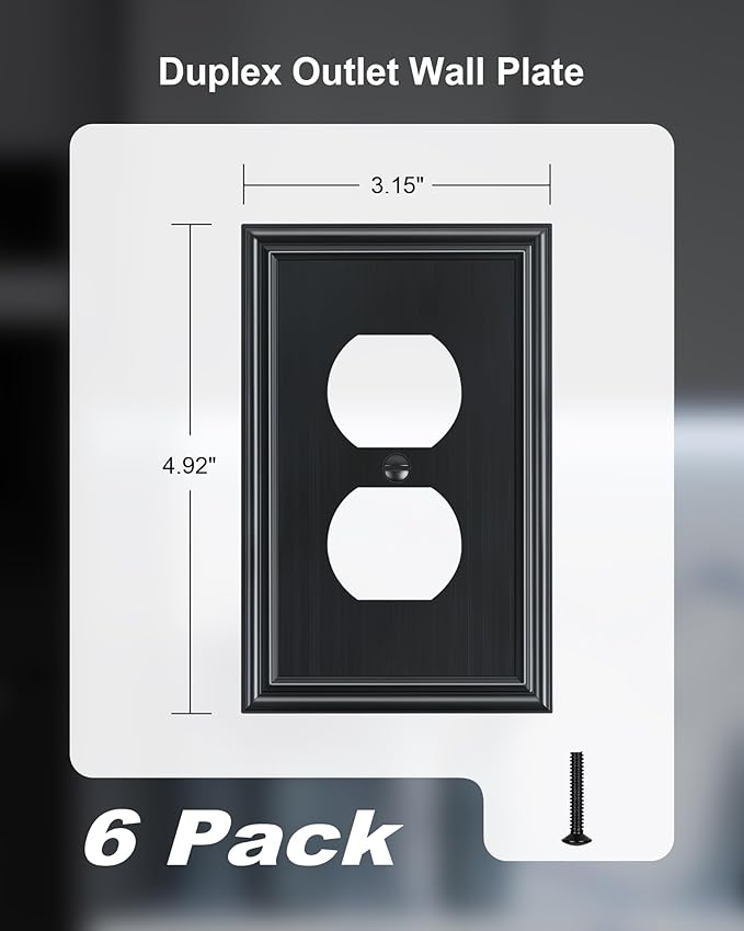 6-Pack Single Duplex Outlet Cover Plate, Decorative Black Switch Plates and Outlet Covers, Metal Wall Plates for Electrical Outlets, 1 Gang Receptacle Cover, Corrosion Resistant