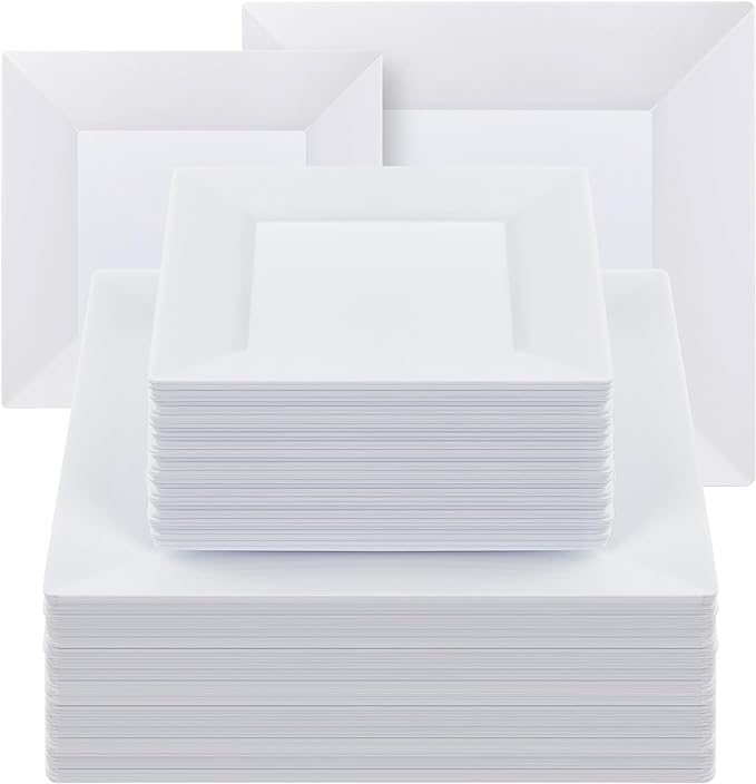Goodluck 100 Pack Square Plastic Plates, Heavy Duty 50 Dinner Plates 9.5" and 50 Dessert Plates 6.5", Fancy Disposable Plates for Wedding, Holiday Party, Birthday, White