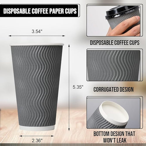 100 Pack 16 oz Coffee Cups with Lids, Disposable Insulated Hot Cups To Go Paper Coffee Cups, Corrugated Ripple Wall Cup for Hot Drink, Office, Coffee Bar (Grey 16 oz)