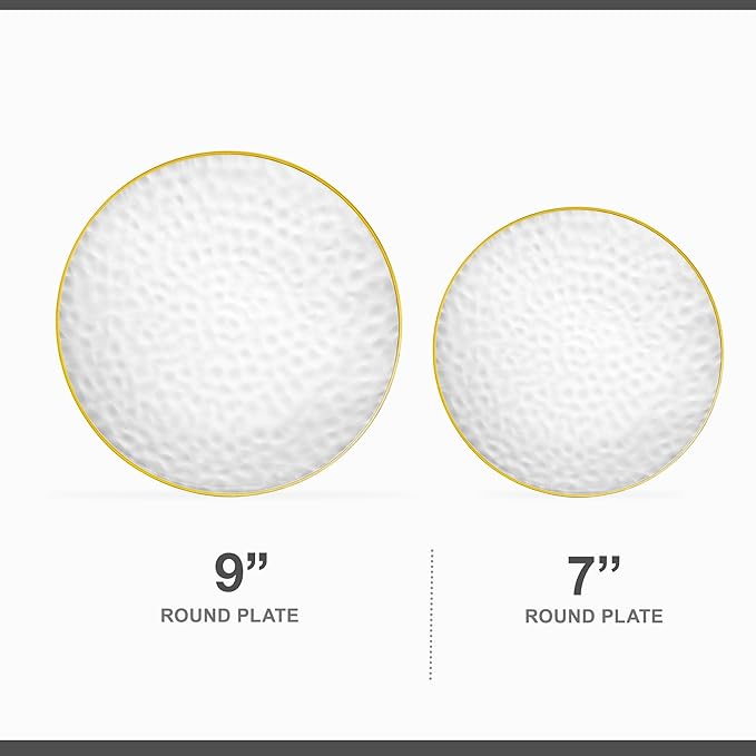 PLASTICPRO 64 Piece Combo Plates Set includes 32 7'' inch Plates & 32 9'' inch Plates Clear Plastic Organic Hammered Design Party Plates With Gold Rim, Premium heavyweight Elegant, Dishes,