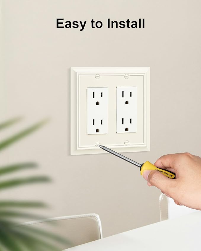 2-Pack Decorative Double Decorator Outlet Cover Plate, Light Almond Durable Natural Bamboo Fiber Wall Plates for Electrical Outlets, Receptacle, GFCI Outlet, Dimmer Switch, 2-Gang, Corrosion Resistant