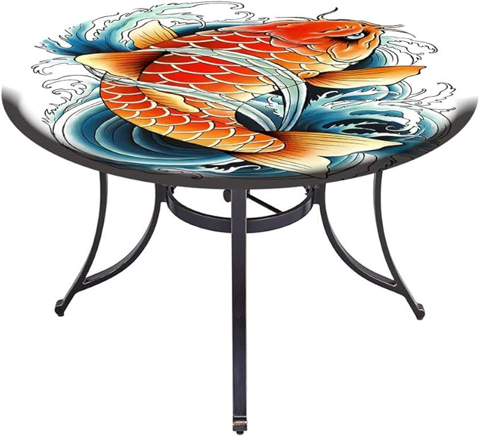 Round Tablecloth, Koi Fish Tablecloth for Side Table, Tattoo Style Japanese Wave, Fit Round Tables 61inch Diameter, for Outdoor Indoor Use, Multicolor