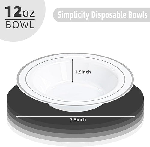 100 PCS Plastic Bowls with Silver Rim, 12oz Premium Heavy Duty Soup Bowls, Dessert and Salad Bowls for Party, Wedding and Holiday