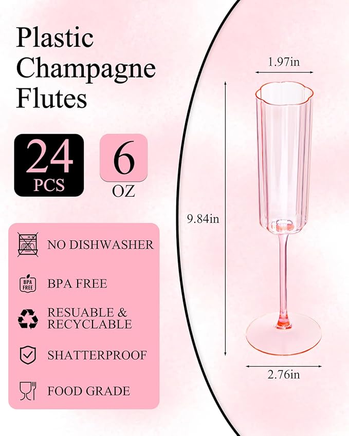 Ciaell 24 Pack Pink Plastic Champagne Flutes - 6 Oz Flower Wavy Champagne Glasses - Heavy Duty Vintage Disposable Glassware for Party & Anniversary & Wedding & Valentine's Day