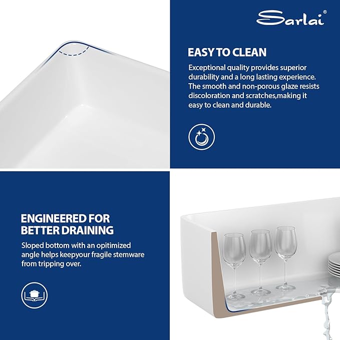 Sarlai White Farmhouse Kitchen Sink - 33x20 Inch Farmhouse Kitchen Sink Flat Apron Front White Ceramic Sinks Single Bowl Farm Farmer Sinks Porcelain Fireclay Basin