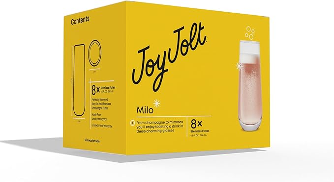 JoyJolt Milo Stemless Champagne Flutes Set of 8 Crystal Glasses. 9.5oz Prosecco Wine Flute, Mimosa Glasses, Cocktail Glass Set, Water Highball Glass, Bar Glassware