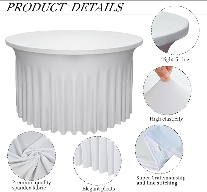 6-Pack 60" Diameter x 30" Height White Round Table Skirts for 5FT Tables | Wrinkle & Stain Resistant Polyester Spandex Tablecloths with Elastic Fit | Ideal for Weddings, Parties, Banquets, Dining