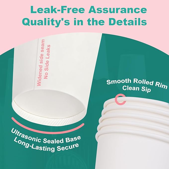 16 oz 100 Pack Disposable Coffee Cups, Bulk White Disposable Paper Cups, Coffee Cups for Hot Tea, Chocolate and Cold Drinks