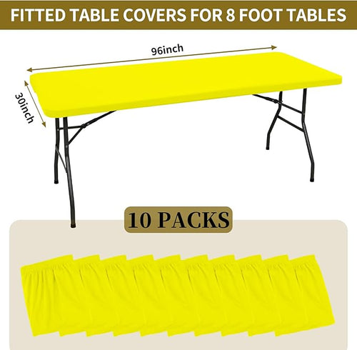 10 Pack Fitted Tablecloth for 8 Foot Rectangle Tables, Yellow Elastic Outdoor Picnic Table Cover, Washable Stretch Folding Table Cloths 8 ft for Camping Party Patio Kitchen Banquet, 30" W x 96" L
