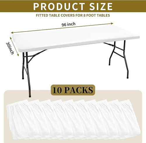10 Pack Stretch Fabric Table Top Cap Cover, fits 8' Tables, Spandex Table Covers Washable Elastic Rectangle Tablecloth Protector for Indoor Outdoor Party Picnic Wedding, White, 30" W x 96" L
