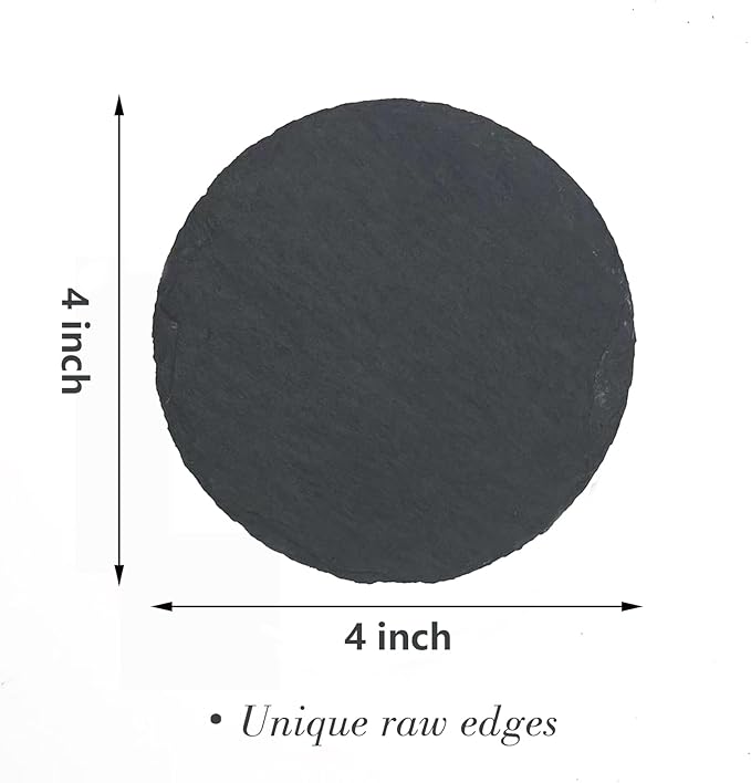 8 Pack 4 inch Round Slate Coasters with Metal Holder,Handmade Natural Rough Edge,with Integral Anti-Skid pad,Laser Engraving Blanks,Stone Coasters