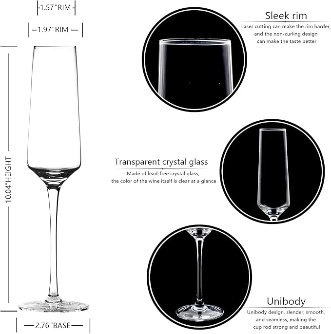 BACLIFE Champagne Flutes - Hand Blown Elegant Champagne Glasses Set of 6 - Unique Gift for Valentine's Day, Birthday, Wedding - Ideal for Wine Tasting, Daily Use - 7.5 oz, Clear