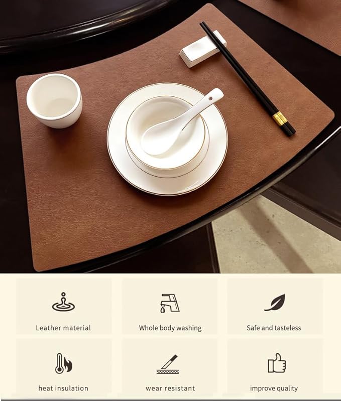 Leather Round Table Washable Placemats, Black Thick Faux Leather Heat Resistant Wedge Table Placemat, Waterproof Non-Slip Easy to Clean Place mat for Kitchen Coffee Dining Room Table Set of 6