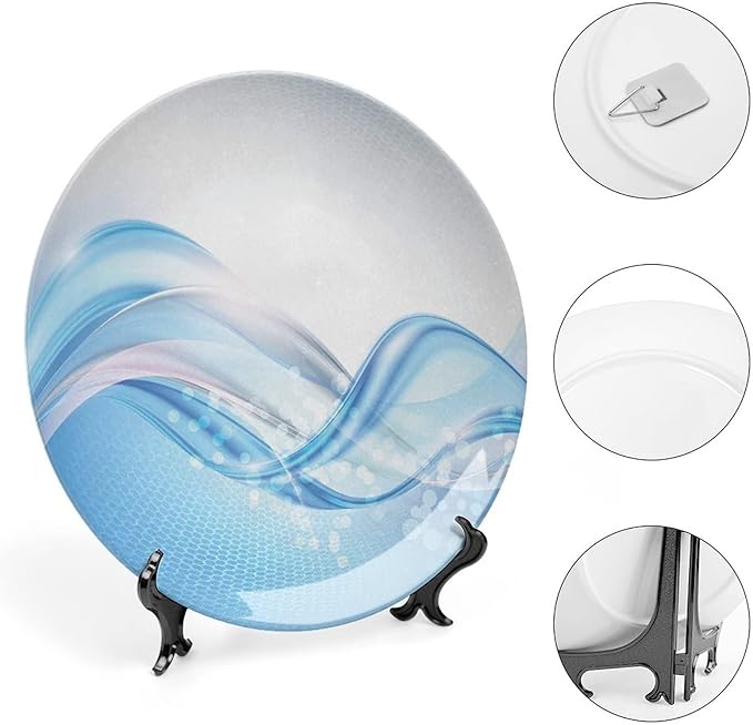 Ceramic Plates, Abstract Decorative Ceramic Plates, Modern Wavy Ocean Surfer Summertime Themed, 8 Inch, for Dining, Parties, Wedding, Pale Blue and White