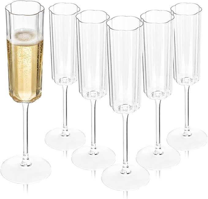 Ciaell 24 Pack Plastic Champagne Flutes - 6 Oz Flower Wavy Champagne Plastic Glasses - Heavy Duty Vintage Disposable Flutes for Party & Anniversary & Wedding