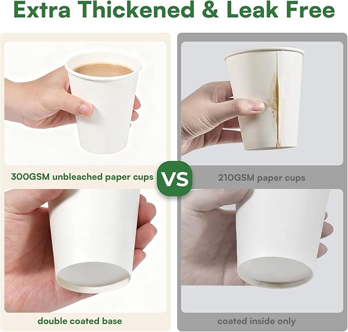 White Paper Cups 16 oz Disposable Coffee Cups, 500 Pack BPA Free Leak Proof Hot Cups,300GSM Thickened Disposable Cups,Unbleached Hot Cold Drink Cups for Everyday Home Office Coffee Bar Party Supplies