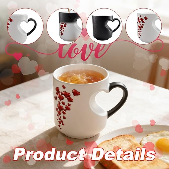Heart-Shaped Color Changing Magic Ceramic Mug, Funny Heat Sensitive Coffee Cup Reveals Surprise Design with Hot Drinks for Valentine's Day & Anniversaries (2pcs)