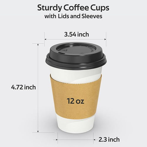 100 Pack 12 oz Disposable Coffee Cups with Lids and Sleeves, Sturdy Thick Paper & Leak-free Insulated to Go Paper Hot Coffee Cups with Sip Lids for Hot & Cold Beverage | with Lids, and Sleeves, Sturdy, Leak-free, Insulated, to Go Coffee Cups