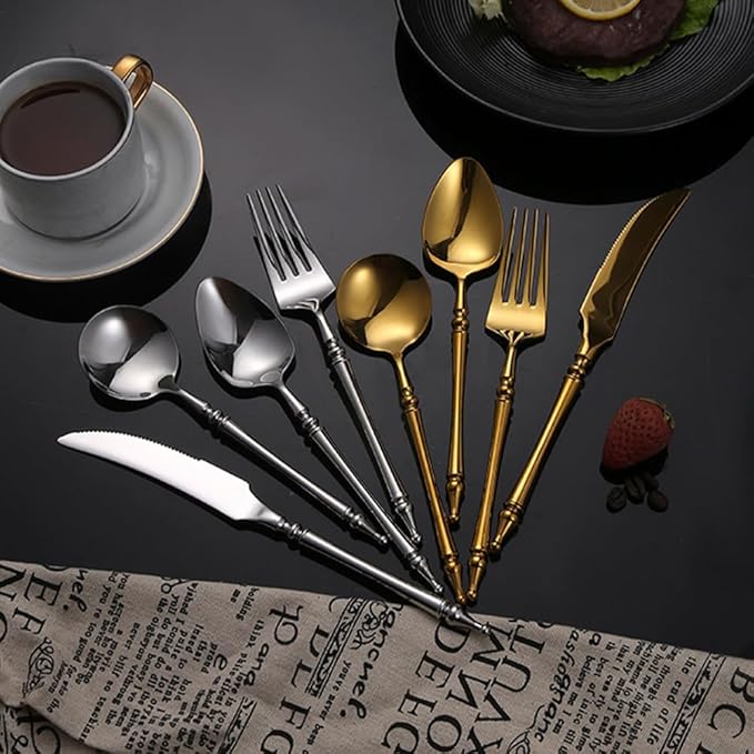 Gold Silverware Set for 8 Premium 18/10 Stainless Steel Flatware Set 32 Piece Include Knives Forks and Spoons Cutlery Utensils Light Luxury Vintage Style for Home Kitchen Christmas Restaurant