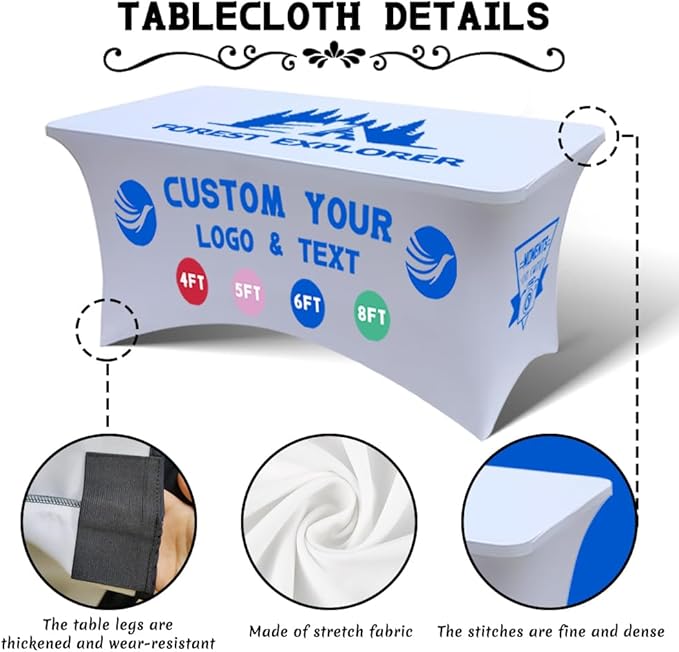 Personalized Table Cloth with Logo Image Customized Tablecloth 4FT/5FT/6FT/8FT Spandex Customized Table Cover Promotional Business Tradeshow Events Birthday Party Wedding (5FT Spandex(Closed back))