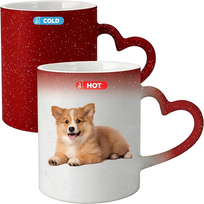 Custom Color Changing Mug,Personalized Photo Logo Text Print,Hidden Image Shows with Hot Drinks,Heart Shaped Handle Ceramic Coffee Cup,Home Office,for Valentine's Day (Red Starry)