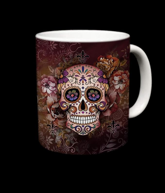 Sweet Gisele | Sugar Skull Mug | Ceramic Floral Print Coffee Cup | Day of the Dead Design | Beautiful Vivid Colors | Great Novelty Gift | Multicolor Mugs | 11 Fl. Oz (Multi/Brown)