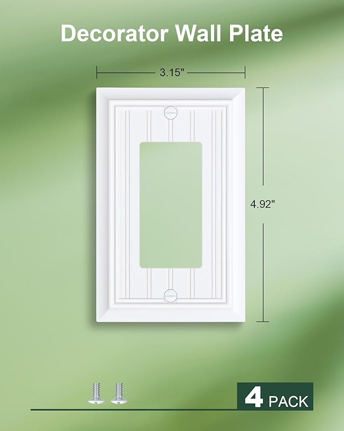 4-Pack Classic Beadboard Decorator Wall Plate Cover, Pure White Decorative Switch Plates and Outlet Covers, Durable Natural Bamboo Fiber Wall Plates for Electrical Outlets, Receptacle, GFCI Outlet