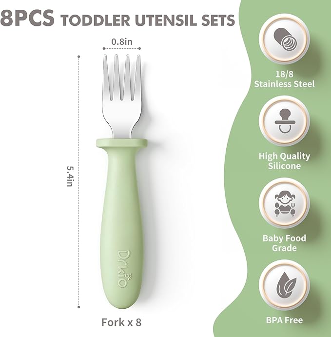 DRKIO 8 Pieces Toddler Forks Set - Baby Forks with Silicone Handle Children safe 18/8 Stainless Steel Toddler Utensils Set for Self Feeding Kids Silverware Anti-Choke Design Food Grade Dishwasher Safe