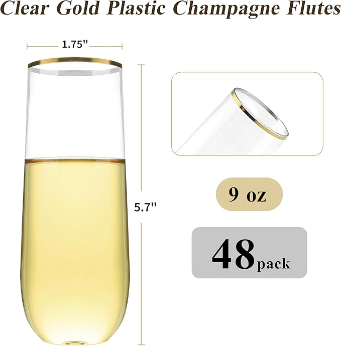48 Pack 9 oz Stemless Plastic Champagne Flutes, Clear Disposable Champagne Glasses Gold Rim, Shatterproof and BPA-Free Drinkware for Party & Graduation & Wedding