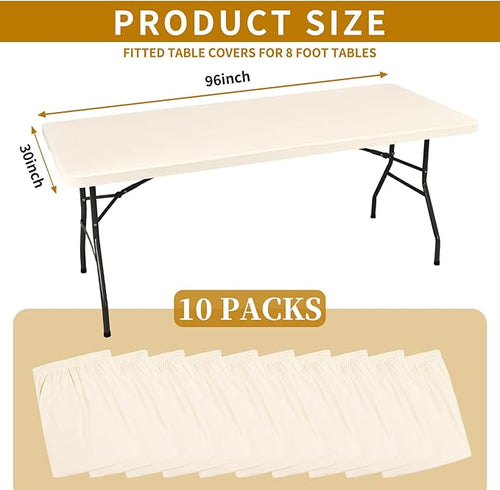 10 Pack Fitted Tablecloth for 8 Foot Rectangle Tables, Ivory Elastic Outdoor Picnic Table Cover, Washable Stretch Folding Table Cloths 8 ft for Camping Party Patio Kitchen Banquet, 30" W x 96" L