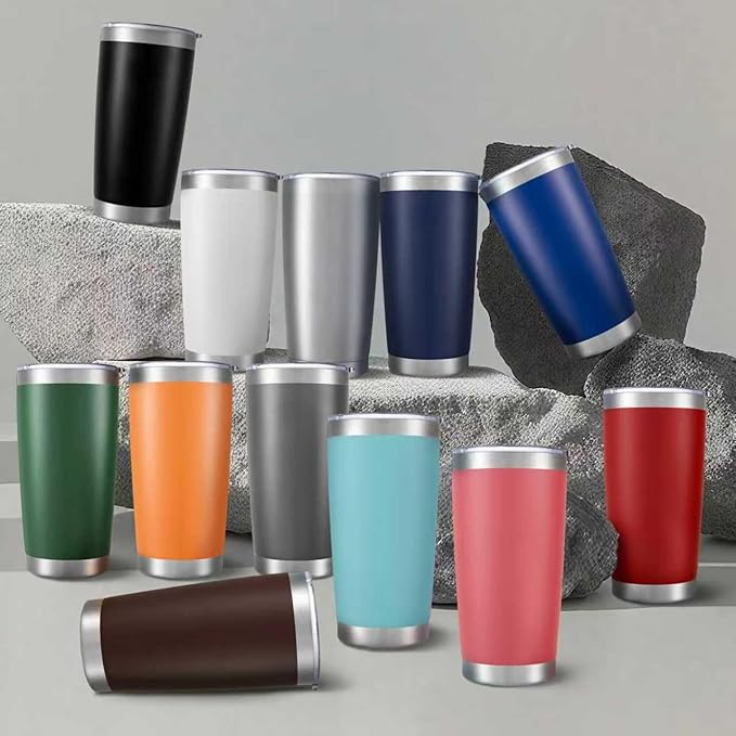 20 oz Tumbler Bulk with Lid Stainless Steel Insulated Tumblers Double Wall Vacuum Coffee Mug Powder Coated Tumbler Cups for Cold and Hot Drinks, Mix Color, 12 pack