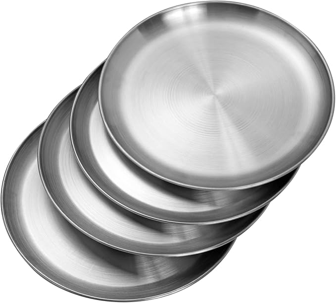Stainless Steel Plates 10 inch Metal Lightweight Unbreakable Dinner Dishes Plates Set Non-Toxin Dishwasher Safe BPA Free and Healthy (4 Pcs)