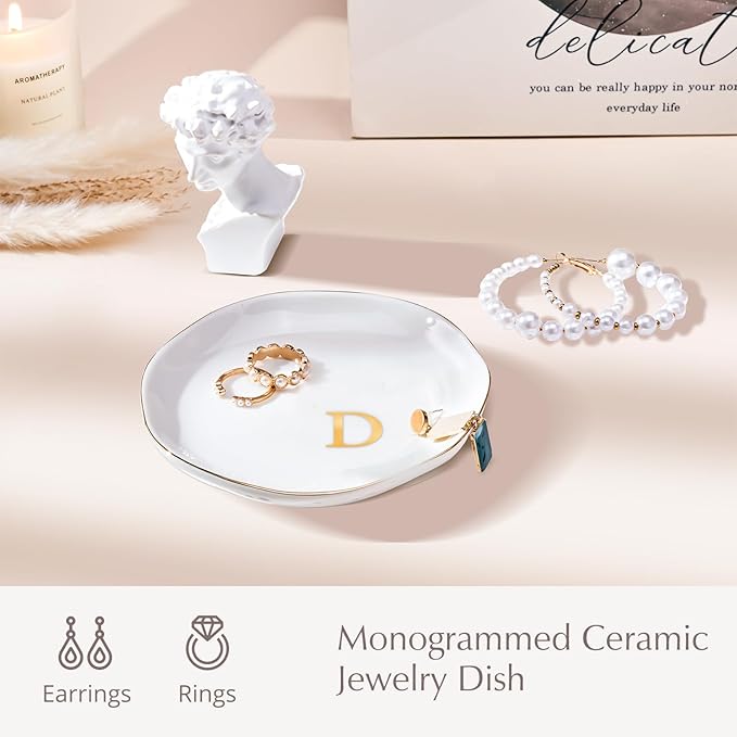 ProCase Ceramic Jewelry Tray, Initial Ring Dish Trinket Plate Engagement Gift, Small Personalized Monogram Ring Bowl for Wedding, White Decorative Jewelry Holder for Women Vanity -Letter D