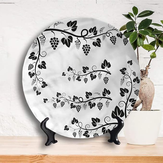 Decorative Plates, Vine Print Ornament, Grapes with Twigs Swirl Botany, 8 Inch, 1 Plate with 1 Display Stand, Multicolor