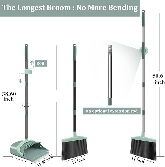 Broom and Dustpan Set for Home, Dust pan with Long Handle, Broom with Dustpan Combo Set, for Home Kitchen Room Office Lobby Floor Use Upright Stand Up Sweeping (Gray&Green)