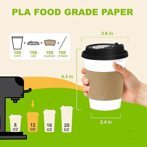 100 Pack 12 oz Disposable Coffee Cups with Lids and Sleeves, Leak-Proof To Go Coffee Cups, PLA White Paper Coffee Cups for Hot Beverage