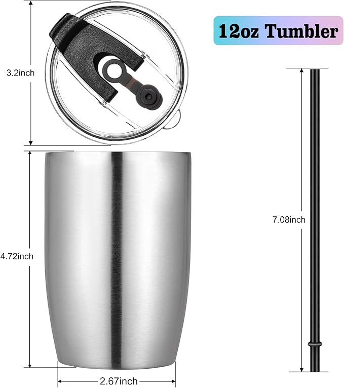 VEGOND Stainless Steel 12 oz Tumblers bulk Vacuum Insulated Double Wall Travel Tumbler with Lid and Straw Reusable Tumbler, Stainless 1 Pack