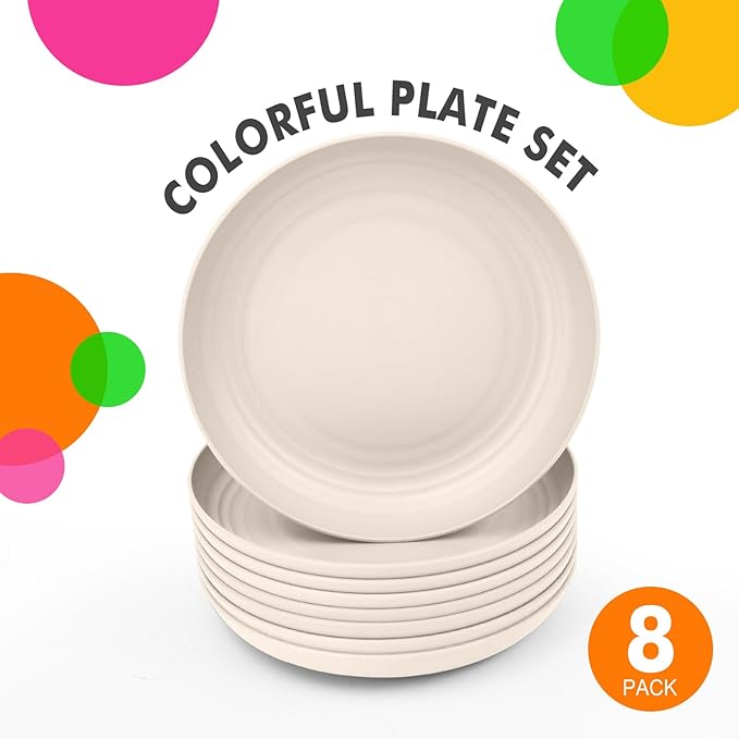 Homienly Wheat Straw Dinner Plates Set of 8, Unbreakable, Dishwasher & Microwave Safe, Modern Style, 9 inch, Beige