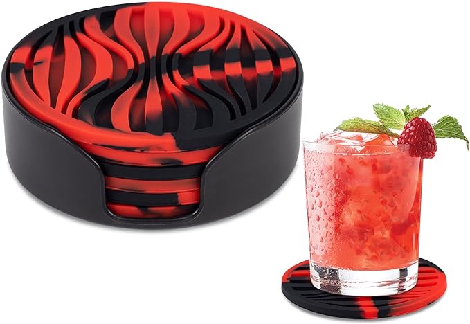 6 Pack Drink Coasters,Coasters for Drink with Holder,Non-Slip Silicone Cup Mat,Rubber Coaster Live for Hot or Cold Drink,Fits Any Size of Cups(Black Red)