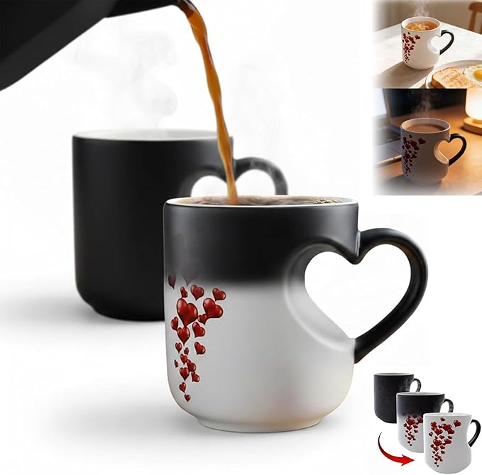 Heart-Shaped Color Changing Magic Ceramic Mug, Funny Heat Sensitive Coffee Cup Reveals Surprise Design with Hot Drinks for Valentine's Day & Anniversaries (2pcs)