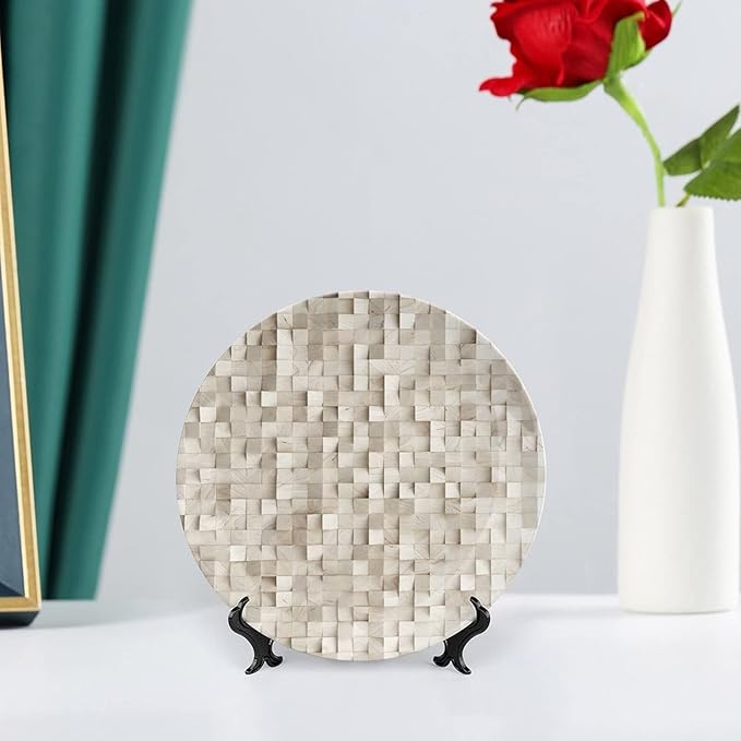 Decorative Plates, Abstract Print Ornament, Wooden Cubes Print, 7 Inch, 1 Plate with 1 Display Stand, Tan