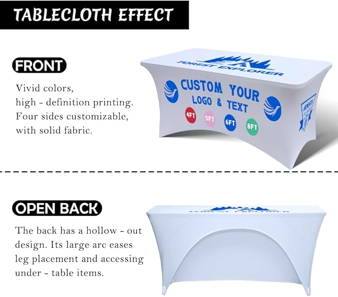Personalized Table Cloth with Logo Image Customized Tablecloth 4FT/5FT/6FT/8FT Spandex Customized Table Cover Promotional Business Tradeshow Events Birthday Party Wedding (4FT Spandex(Open back))
