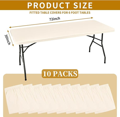 10 Pack Fitted Tablecloth for 6 Foot Rectangle Tables, Ivory Elastic Outdoor Picnic Table Cover, Washable Stretch Folding Table Cloths 6 ft for Camping Party Patio Kitchen Banquet, 30" W x 72" L