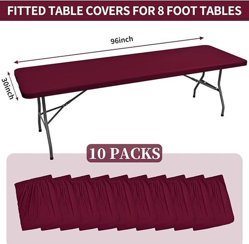 10 Pack Fitted Tablecloth for 8 Foot Rectangle Tables, Wine Red Elastic Outdoor Picnic Table Cover, Washable Stretch Folding Table Cloths 8 ft for Camping Party Patio Kitchen Banquet, 30" W x 96" L
