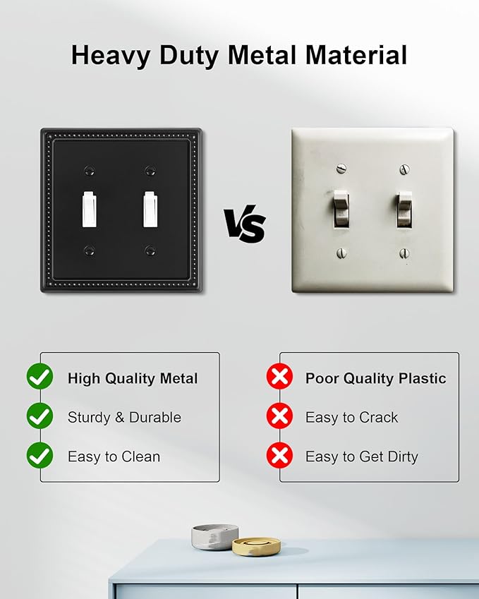 2-Pack Double Toggle Light Switch Cover Plate, Black Pearls Decorative Dual Switch Plate Covers, 2 Gang Metal Wall Plate, Corrosion Resistant