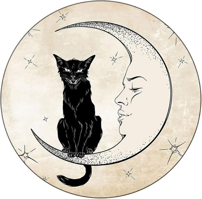 Elastic Tablecloth, Moon Decorative Fabric Table Cover for, Black Cat Sitting on White Crescent Moon, Fit Round Tables 23inch Diameter, for Indoor Outdoor Fits, Sand Brown Black
