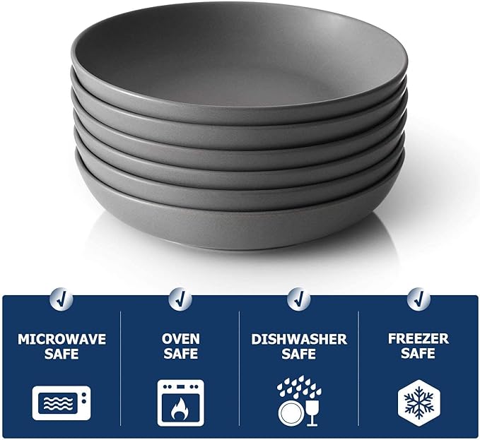 Y YHY Pasta Bowls Set of 6, Large Salad Serving Bowls, Porcelain Soup Bowls 30 Ounces, Wide and Flat, Microwave Dishwasher Safe, Matte Grey