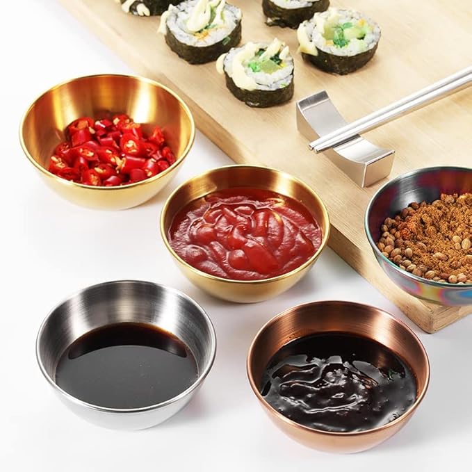 Sauce Dishes 12PCS 3.46inch Stainless Steel Sauce Bowl Mini Individual Round Seasoning Dishes Sushi Dipping Bowl Appetizer Plates (Rose Gold)