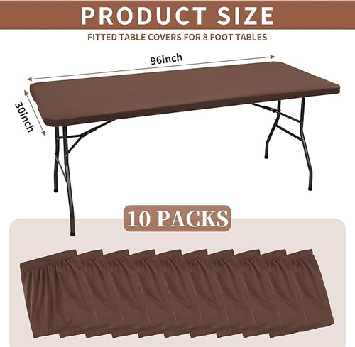 10 Pack Fitted Tablecloth for 8 Foot Rectangle Tables, Coffee Elastic Outdoor Picnic Table Cover, Washable Stretch Folding Table Cloths 8 ft for Camping Party Patio Kitchen Banquet, 30" W x 96" L