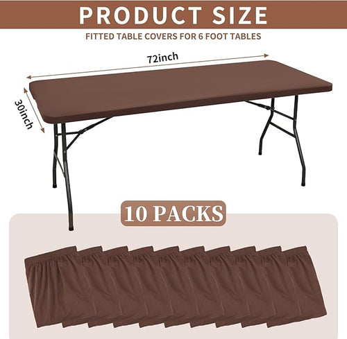 10 Pack Fitted Tablecloth for 6 Foot Rectangle Tables, Coffee Elastic Outdoor Picnic Table Cover, Washable Stretch Folding Table Cloths 6 ft for Camping Party Patio Kitchen Banquet, 30" W x 72" L